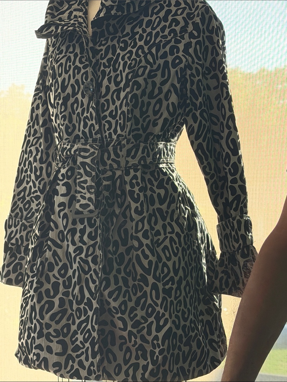 Leopard-Print Belted Trench Coat - Black and Grey